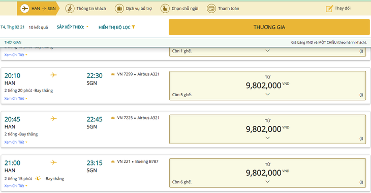 Vietnam Airlines chỉ còn hạng vé thương gia ngày 21-2. Sang ngày hôm sau giá vé vẫn đến mức 7,8 triệu đồng/vé cho chặng Hà Nội - TP.HCM, chỉ có một chuyến duy nhất cuối ngày giá 3,3 triệu đồng/vé - Ảnh chụp màn hình website Vietnam Airlines chiều 21-2