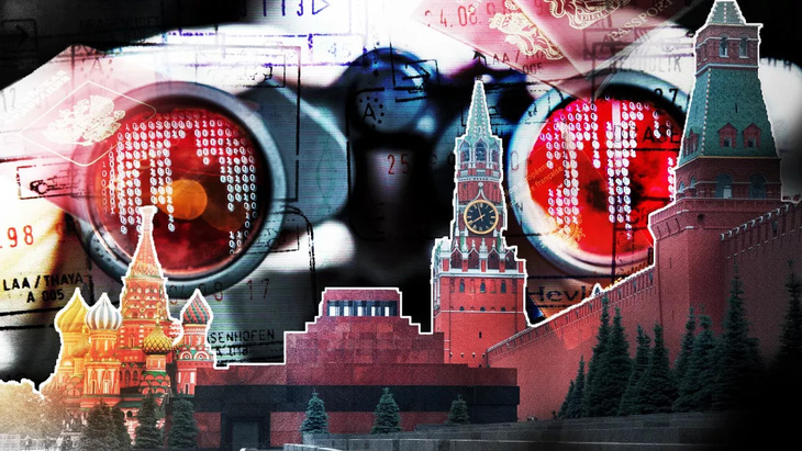 Theo kênh Euronews, Nga có mạng lưới tình báo hoạt động khắp châu Âu. Trong ảnh ghép này có Điện Kremlin, hộ chiếu và điệp viên đang nhìn qua ống nhòm - Ảnh minh họa: EURONEWS
