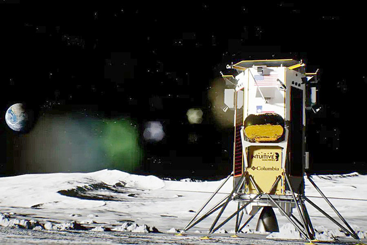 Ảnh mô phỏng tàu đổ bộ Odysseus của Công ty Intuitive Machines hạ cánh lên bề mặt Mặt trăng - Ảnh: Intuitive Machines