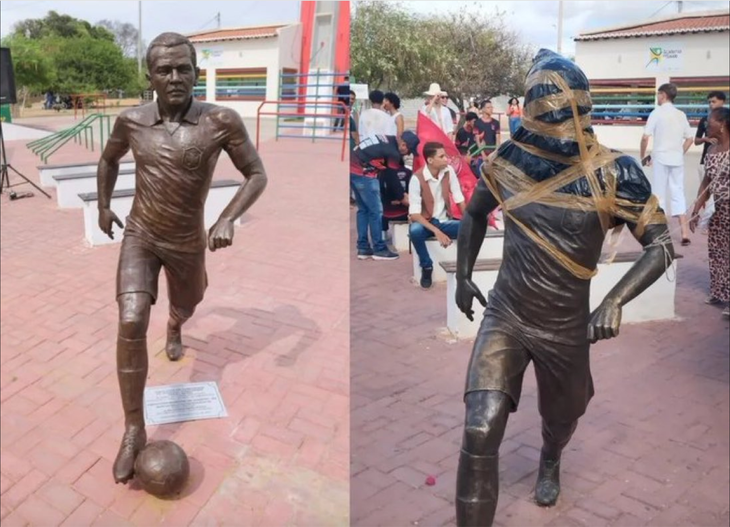 Bức tượng Dani Alves bị phá hoại ở quê nhà - Ảnh: TWITTER