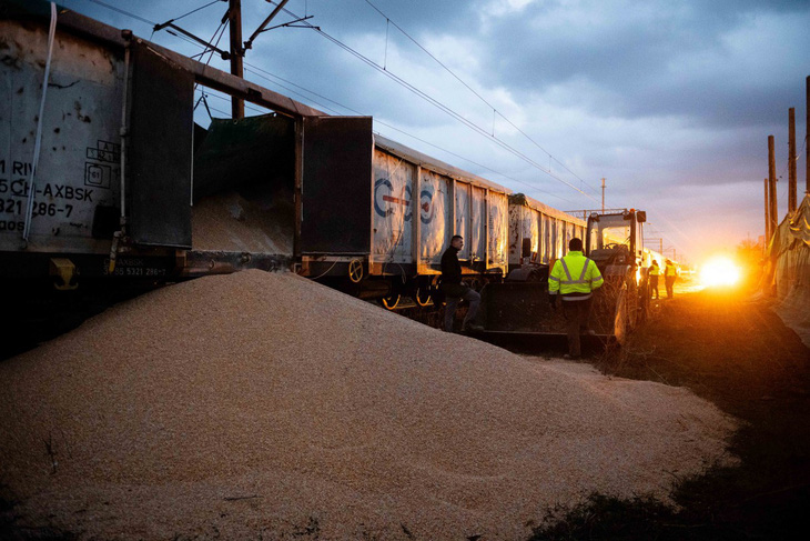 Các toa chứa ngũ cốc từ Ukraine ở một ga tàu bị đổ xuống đường ray tại biên giới Ba Lan - Ukraine ngày 25-2 - Ảnh: AFP