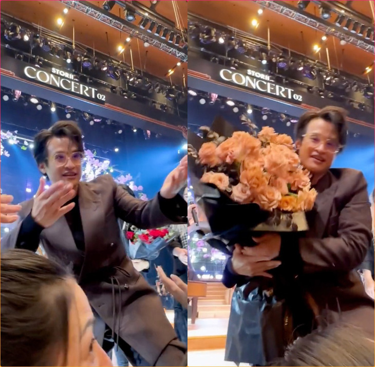 Anh bất chấp khi dang tay với qua hai hàng ghế dù có thể té ngã để nhận được bó hoa từ người hâm mộ với biểu cảm trân trọng nhất của mình.
