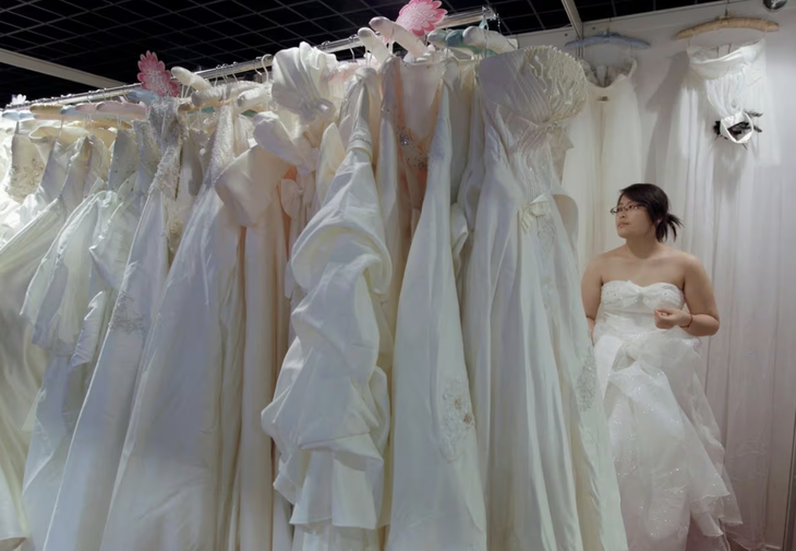 Một người phụ nữ thử váy cưới tại một gian hàng tại Hội chợ triển lãm cưới quốc tế Trung Quốc ở Bắc Kinh ngày 5 tháng 6 năm 2010.