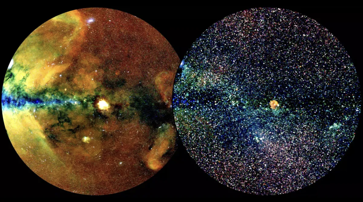 Kính viễn vọng eROSITA giúp các nhà khoa học quan sát bầu trời dưới 2 hình dạng khác nhau: bên trái là phát xạ tia X mở rộng, còn lại là tia X dạng điểm - Ảnh: MPE, J. Sanders für das eROSITA-Konsortium