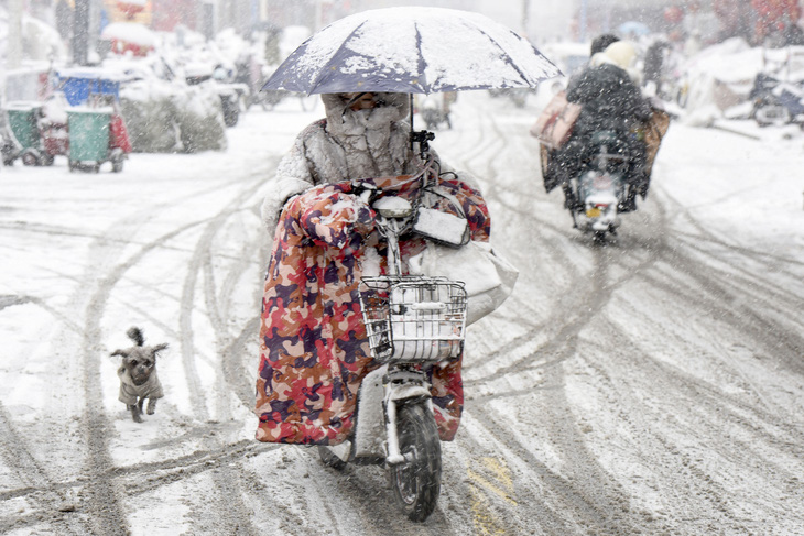 Người phụ nữ Trung Quốc chạy xe tay ga trong lúc tuyết rơi dày tại thành phố Hoài An (tỉnh Giang Tô) ở miền đông Trung Quốc hôm 4-2. Nhiều tỉnh ở miền trung và miền đông Trung Quốc đang phải hứng chịu thời tiết cực đoan kéo dài nhiều ngày liền - Ảnh: AFP