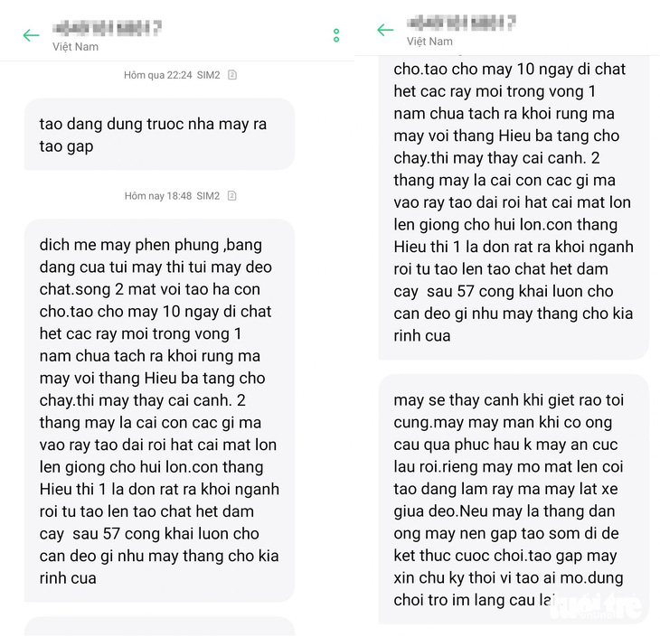 Những tin nhắn với lời lẽ khiếm nhã do các đối tượng gửi cho lực lượng bảo vệ rừng - Ảnh: DUY NGỌC