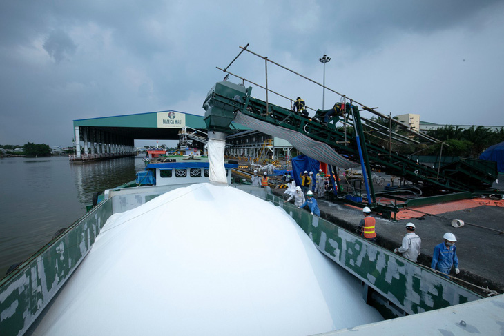Cán bộ nhân viên PVCFC chuẩn bị những lô phân bón xuất khẩu tại cảng của Nhà máy Đạm Cà Mau