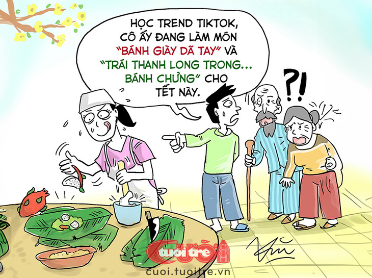 Hot trend vào bánh Tết, các cụ lo ngay ngáy - Tranh: Trần Đức Văn