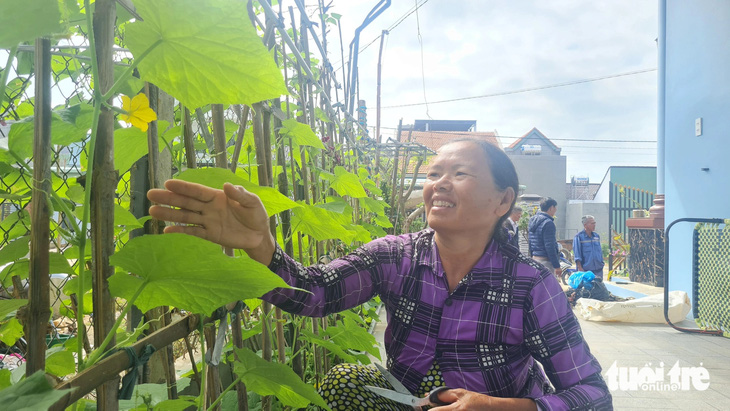 Bà Thân Thị Đi chăm sóc vườn rau xanh mướt trong ngôi nhà mới - Ảnh: LÂM THIÊN