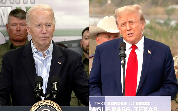 Ông Biden (trái) và ông Trump thăm khu vực biên giới ở Texas vào ngày 29-2 - Ảnh: CNN