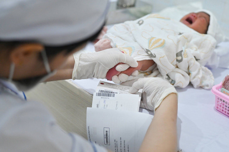 Nhân viên y tế đang thực hiện sàng lọc lấy máu gót chân cho trẻ sơ sinh - Ảnh: B.V.