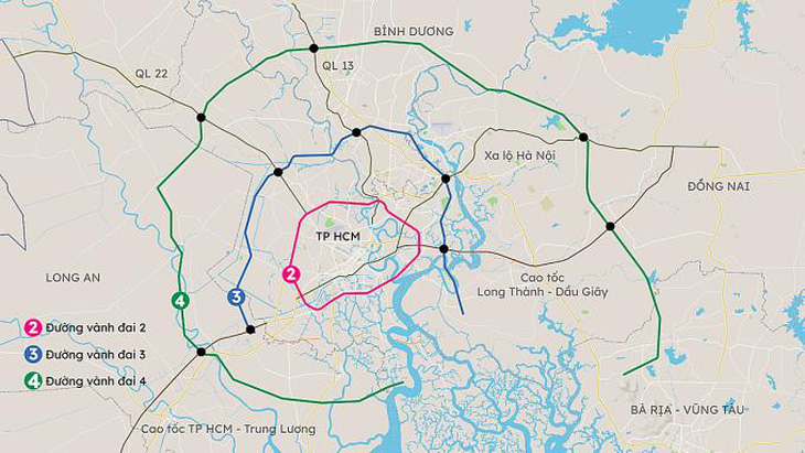 Đường vành đai 3 có 7km qua Long An, trong khu vành đai 4 có hơn 70km - Đồ họa: Khánh Hoàng