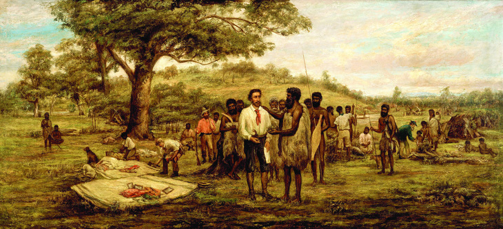 Cảnh nhà thám hiểm John Batman gặp những người thổ dân Australia trước khi ký thỏa thuận mua bán đất đai. Tranh sơn dầu trên toan của John Wesley Burtt, khoảng năm 1875.  Nguồn: Bảo tàng Victoria (Úc)