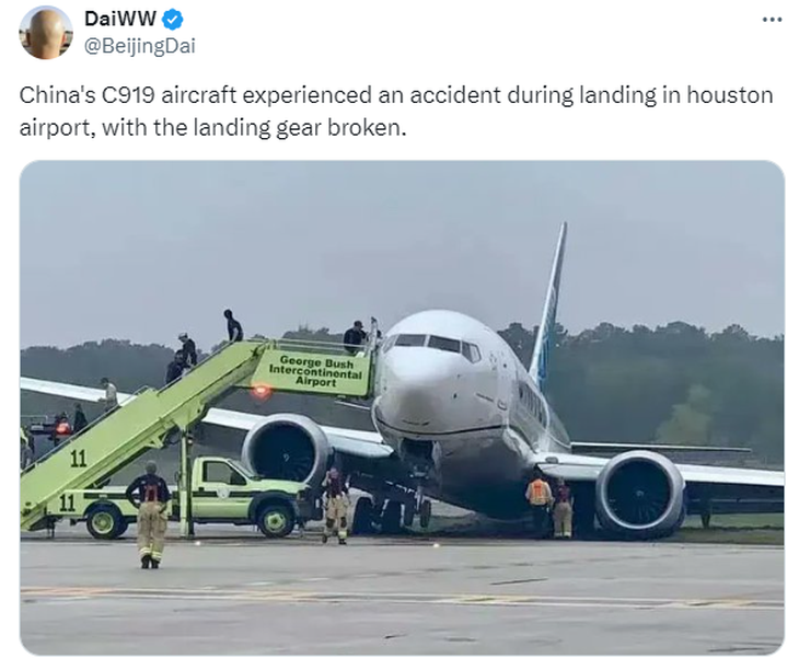 Bài đăng của tài khoản DaiWW trên X, với nội dung máy bay C919 của Trung Quốc gặp tai nạn trong lúc hạ cánh ở Houston, Mỹ - Ảnh chụp màn hình/Thepaper.cn