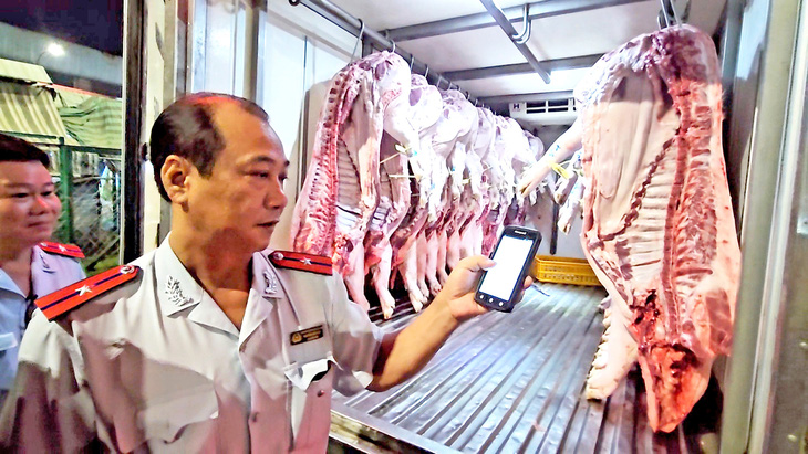 Cơ quan chức năng tại TP.HCM kiểm tra nguồn gốc thịt heo về chợ đầu mối - Ảnh: NGUYỄN TRÍ