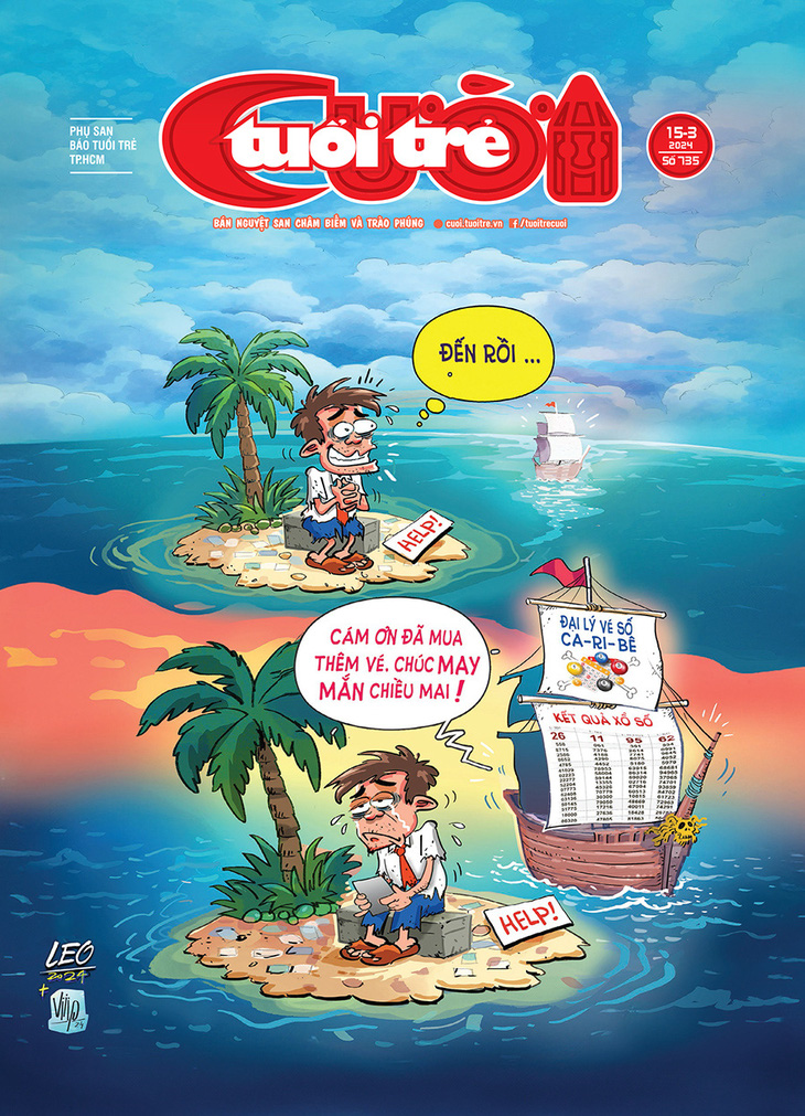 Bìa báo Tuổi Trẻ Cười số 15-3-2024: Tờ vé số đã xuất hiện trên hoang đảo - Tranh: Viiip+Leo 