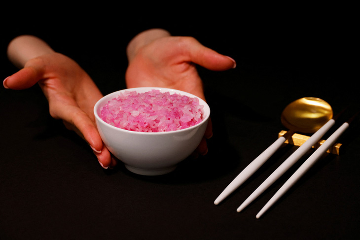 Cận cảnh một bát cơm màu hồng nhạt được nấu từ "gạo thịt bò" do các nhà nghiên cứu Hàn Quốc sáng tạo - Ảnh: REUTERS