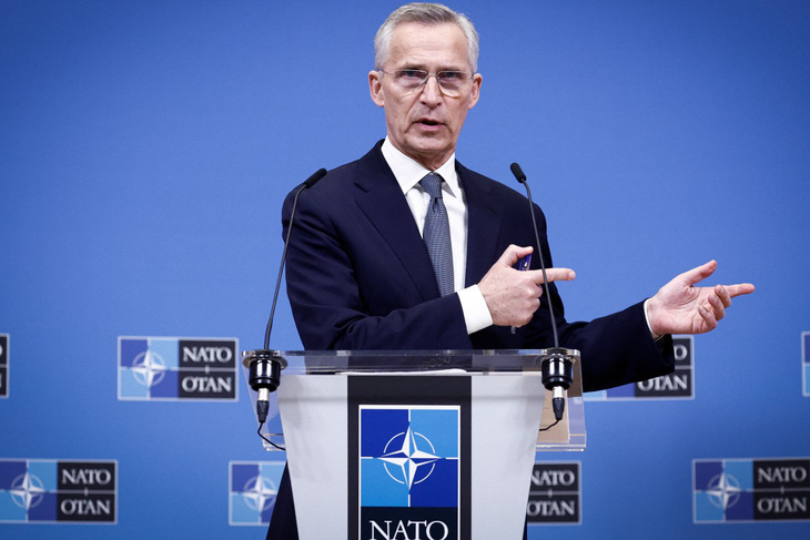 Tổng thư ký Tổ chức Hiệp ước Bắc Đại Tây Dương (NATO) Jens Stoltenberg phát biểu tại buổi họp báo ở trụ sở NATO tại thủ đô Brussels (Bỉ) vào ngày 14-3 - Ảnh: AFP