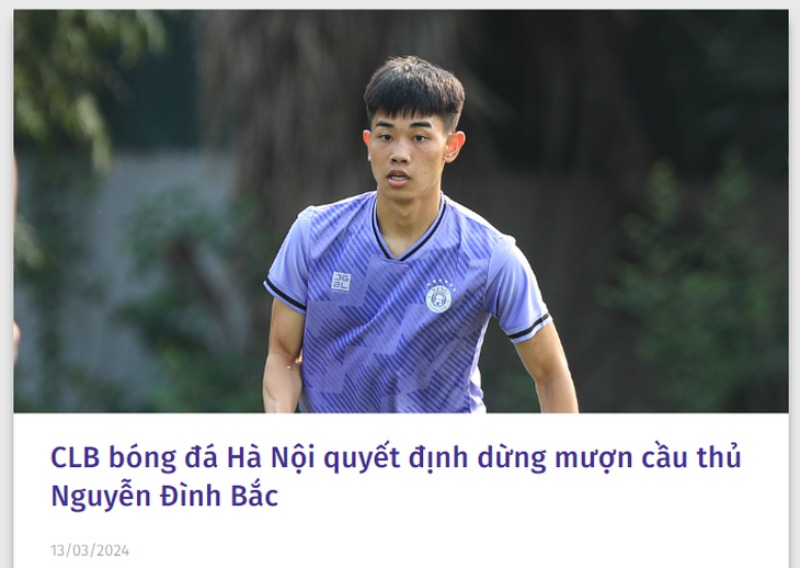 CLB Hà Nội thông báo thương vụ đổ bể vì ban lãnh đạo nhận thấy cầu thủ Nguyễn Đình Bắc không phù hợp với đội bóng - Ảnh: hanoifc.com.vn