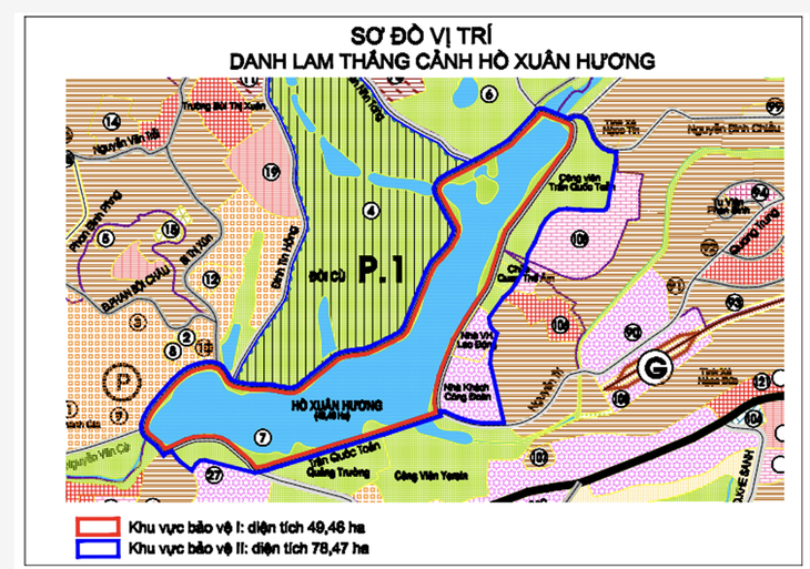 Sơ đồ khoanh vùng các khu vực bảo vệ của danh thắng hồ Xuân Hương, trong đó khu vực bảo vệ 2 có diện tích hơn 78,5 ha - Ảnh: Tư liệu
