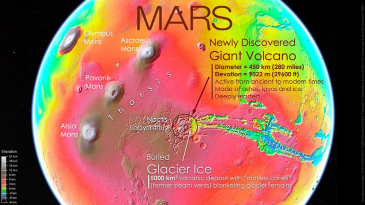 Bản đồ địa hình hiển thị vị trí của núi lửa Noctis Mons - Ảnh: NASA