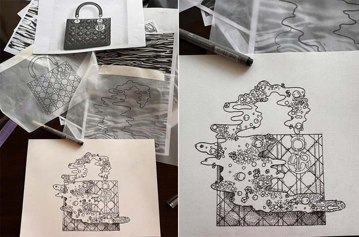 Tia-Thủy Nguyễn đã dành thời gian nghiên cứu kỹ lưỡng chiếc túi Lady Dior theo góc nhìn sáng tạo và bắt tay vào việc lên bản vẽ phác thảo trên giấy.