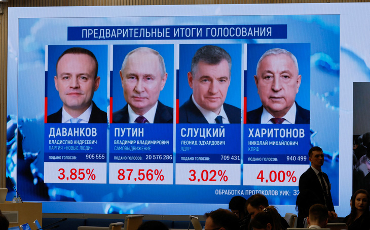 Kết quả sơ bộ của cuộc bầu cử tổng thống Nga được cập nhật trên màn hình tại trụ sở Ủy ban Bầu cử trung ương Nga ở Matxcơva, Nga ngày 17-3 - Ảnh: REUTERS