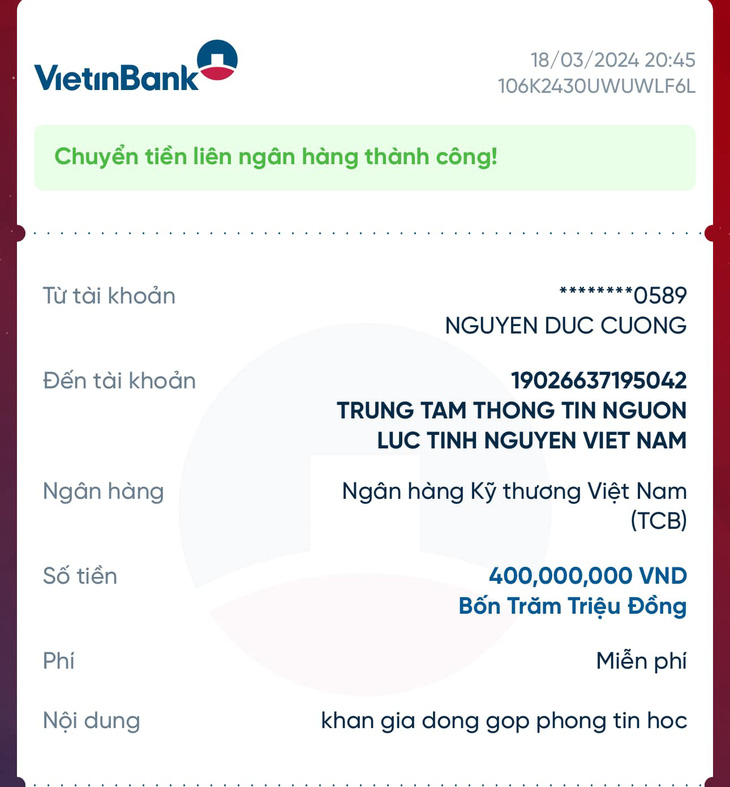 Số tiền chuyển đến tài khoản Trung tâm Nguồn lực tình nguyện Việt Nam lệch so với số tiền ca khúc 'Nấu ăn cho em' thu được. (Ảnh: NVCC) 