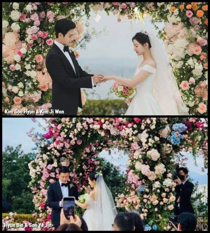 Từ địa điểm tổ chức ngoài trời đến thiết kế cổng hoa, rồi lễ phục cưới của cô dâu chú rể đều cực kỳ tương đồng.