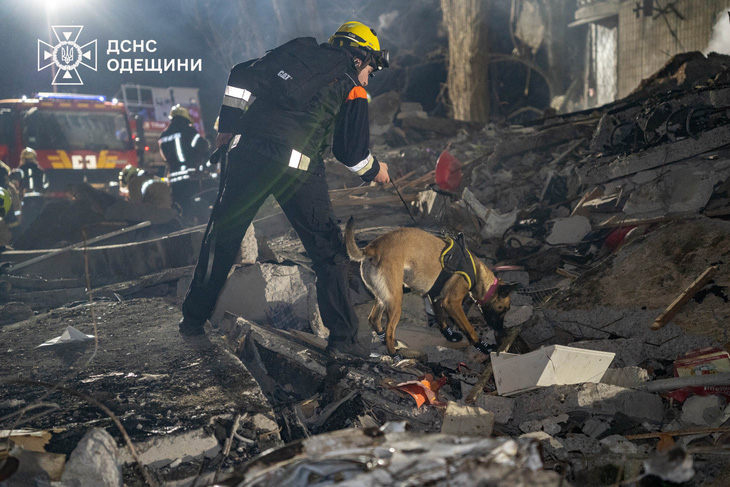 Nhân viên cứu hộ và chó nghiệp vụ tìm kiếm các nạn nhân còn nằm dưới đống đổ nát ở Odessa - Ảnh: Cơ quan dịch vụ khẩn cấp Odessa