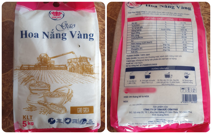 Sản phẩm gạo "Hoa nắng vàng" do Công ty CP Tâm Đức Cẩm Phả đóng gói làm quà tặng sau khi trúng thầu có mức giá lên tới 64.500 đồng/kg - Ảnh: TIẾN THẮNG