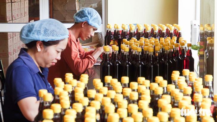 Các công nhân ở nhà thùng làm nước mắm Phú Quốc nhộn nhịp đóng chai, gói quà bán cho du khách trong và ngoài nước - Ảnh: CHÍ CÔNG