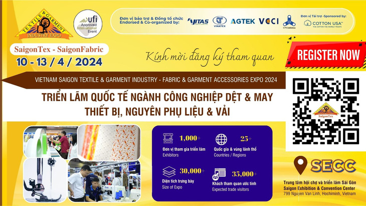 SaigonTex 2024 là triển lãm hàng đầu về ngành công nghiệp dệt & may thiết bị, nguyên phụ liệu & vải trong năm