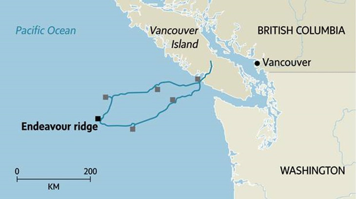 Bản đồ các trạm quan sát và cáp dưới biển của dự án NEPTUNE ở khu vực ngoài khơi đảo Vancouver - Ảnh: THE GLOBE AND MAIL