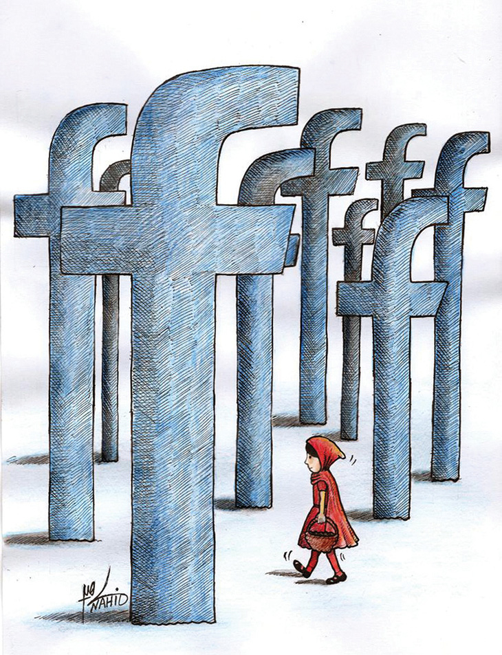 Vô rừng Facebook, cẩn thận nha cô bé quàng khăn đỏ… - tranh của cô Nahid Maghsoudi, họa sĩ Iran.
