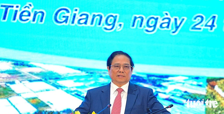 Thủ tướng Chính phủ Phạm Minh Chính phát biểu chỉ đạo tại hội nghị công bố quy hoạch tỉnh Tiền Giang sáng 24-3 - Ảnh: MẬU TRƯỜNG
