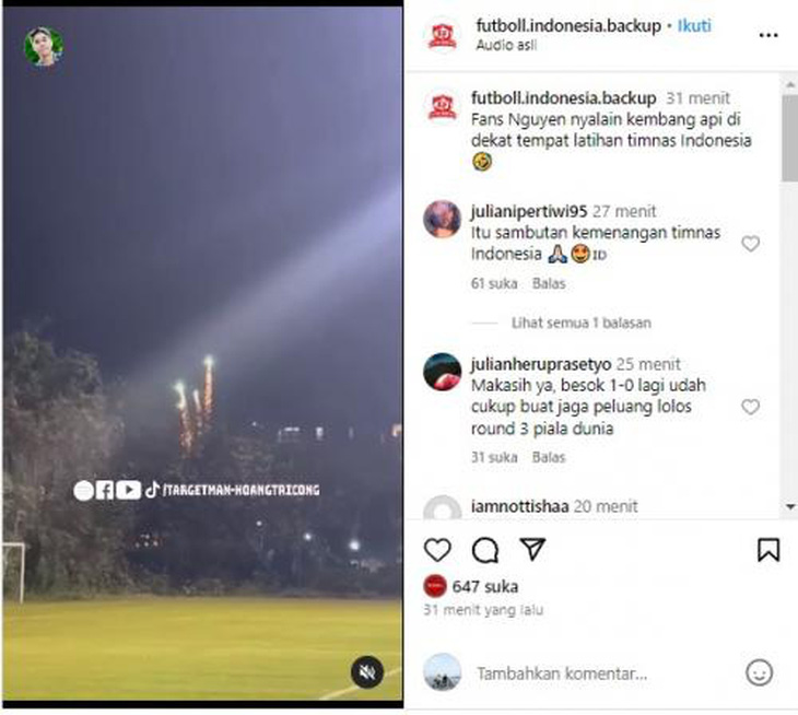 Những hình ảnh do tài khoản @futboll.indonesia.backupb đăng tải việc cổ động viên Việt Nam bắn pháo hoa gần khách sạn và sân tập của tuyển Indonesia - Ảnh: Instagram