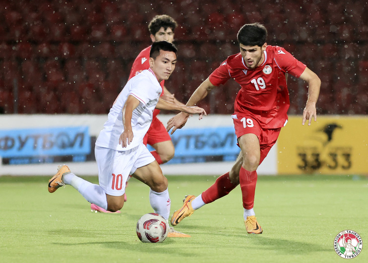 Tiền đạo Nguyễn Minh Quang (10) của U23 Việt Nam bỏ lỡ cơ hội ghi bàn trong trận tái đấu với U23 Tajikistan - Ảnh: VFF
