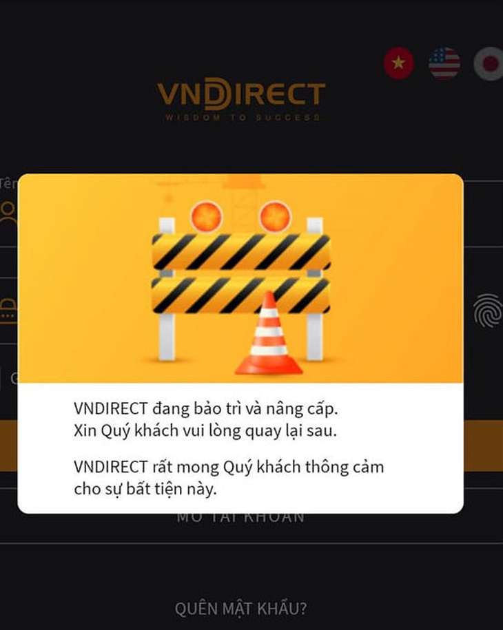 Nhà đầu tư mở tài khoản tại VNDirect vẫn chưa thể truy cập được ứng dụng để giao dịch - Ảnh chụp màn hình