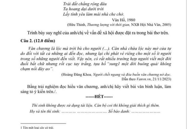 Câu 2 của đề thi ngữ văn 11 (chuyên) kỳ thi học sinh giỏi cấp tỉnh THPT đợt 2 ở Quảng Nam đăng trên Facebook