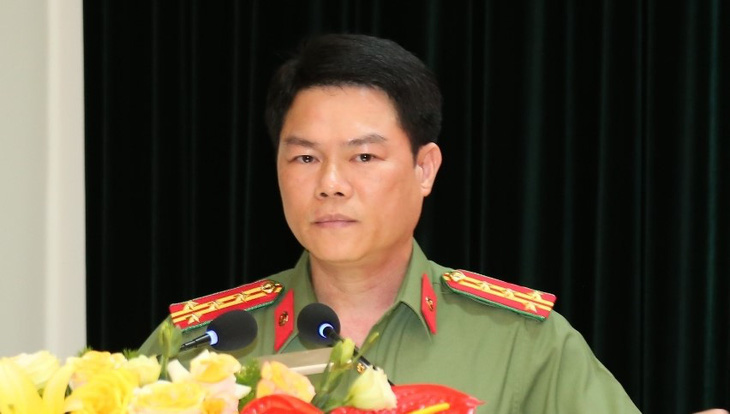Đại tá Nguyễn Hữu Mạnh - tân giám đốc Công an tỉnh Nam Định - phát biểu chiều 26-3 - Ảnh: CTV