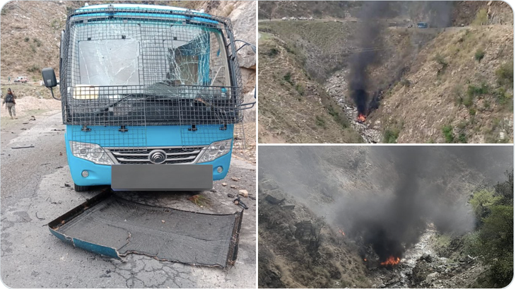 Truyền thông và mạng xã hội Pakistan đăng thông tin và hình ảnh vụ đánh bom nhằm vào đoàn xe kỹ sư Trung Quốc ở Pakistan ngày 26-3 - Ảnh: ENTEI/X