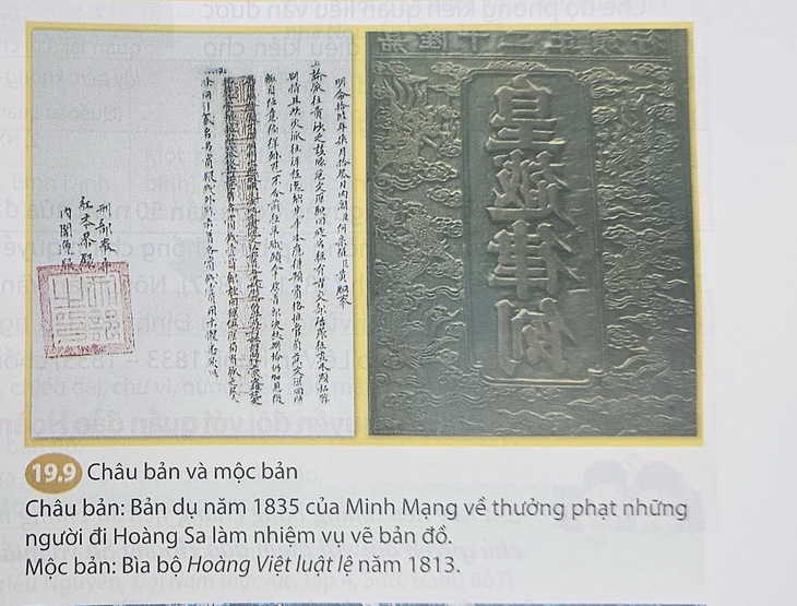 Hình ảnh (phía phải) về mộc bản mà học sinh cho là lật ngược. Với hình ảnh toàn chữ Hán và chú thích như vậy, nhiều học sinh và giáo viên đọc xong không biết sách giáo khoa đang viết gì - Ảnh: MỸ DUNG