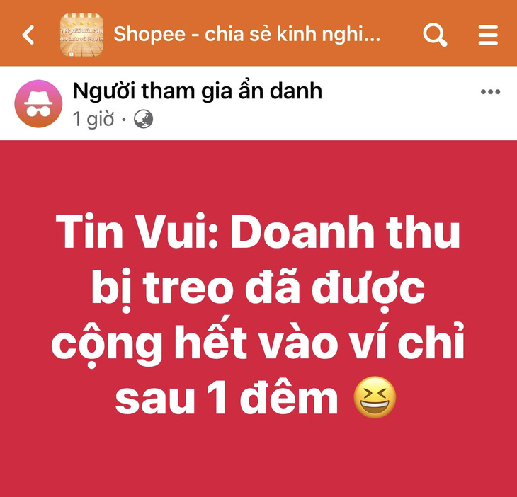 Người bán hàng trên Shopee trong group trên mạng chia sẻ trạng thái vui mừng khi tiền được về lại tài khoản- Ảnh: THẢO THƯƠNG