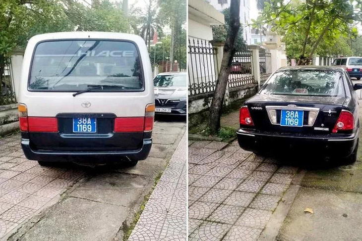 Hai chiếc ô tô gắn biển số xanh giống nhau được phát hiện trên vỉa hè tuyến đường Võ Liêm Sơn, TP Hà Tĩnh - Ảnh: H.A.