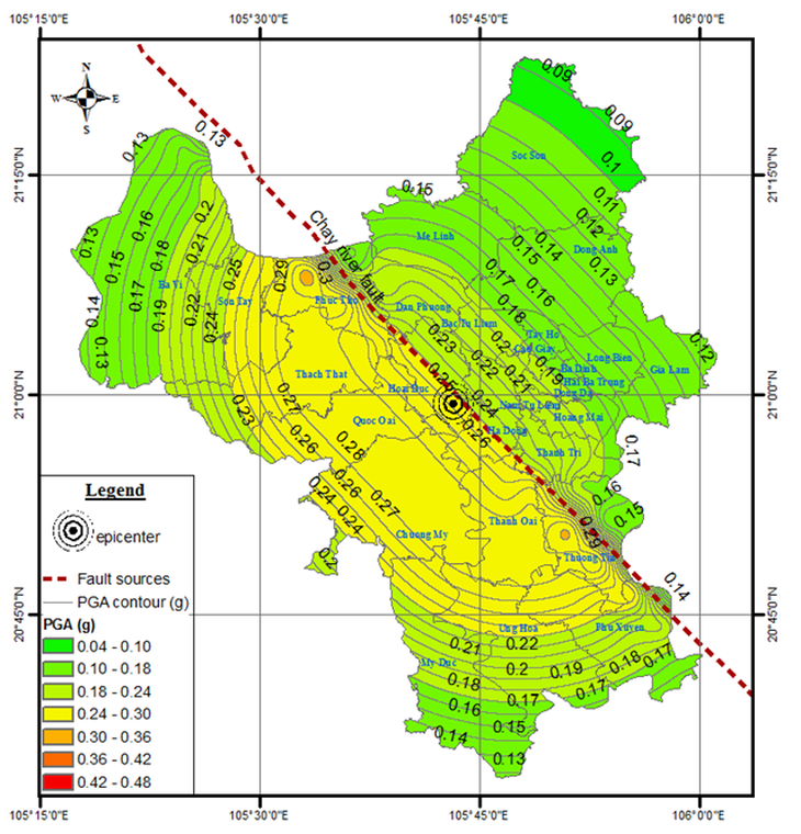 Bản đồ gia tốc cực đại nền (PGA) tính được từ các động đất kịch bản đứt gãy sông Chảy - Ảnh: N.H.P.