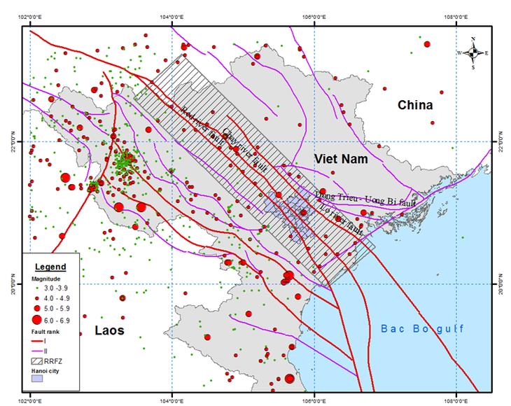 Bản đồ địa chấn kiến tạo miền Bắc Việt Nam và lân cận. Danh mục động đất bao gồm cả số liệu động đất lịch sử và động đất quan trắc bằng máy được cập nhật đến năm 2018 - Ảnh: NGUYỄN HỒNG PHƯƠNG