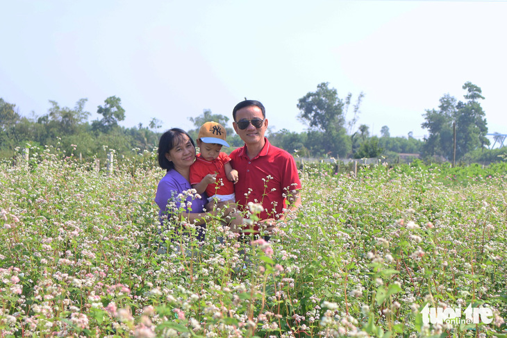 Gia đình ông Tuấn chụp ảnh trong vườn hoa tam giác mạch 