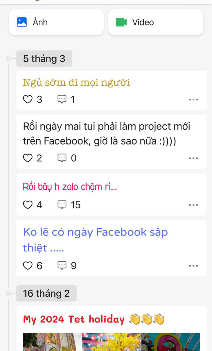 Một bạn trẻ bày tỏ lo lắng trên Zalo tối 5-3 về sự cố gián đoạn Facebook sẽ ảnh hưởng công việc - Ảnh: YẾN TRINH