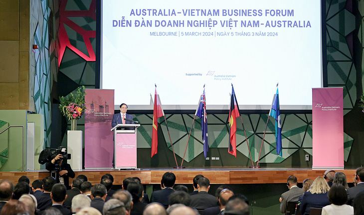 Thủ tướng Phạm Minh Chính tại Diễn đàn doanh nghiệp Việt Nam - Úc ngày 5-3 - Ảnh: NHẬT BẮC
